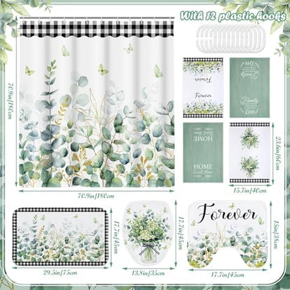 Honoson 8 Pcs Sage Green Eucalyptus Shower Curtain Set with Rugs