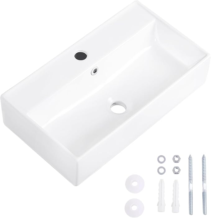Wall Mount Bathroom Sink 22"x12" Small Vessel Sink Wall Mounted Rectangular Wall Hung Mini White Porcelain Ceramic Floating Tiny Sink with Overflow, Durable, Space-Saving, Ideal for Home,RV