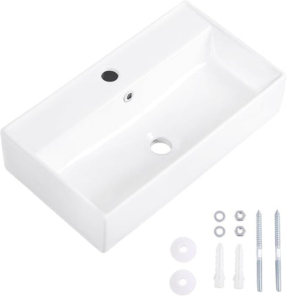 Wall Mount Bathroom Sink 22"x12" Small Vessel Sink Wall Mounted Rectangular Wall Hung Mini White Porcelain Ceramic Floating Tiny Sink with Overflow, Durable, Space-Saving, Ideal for Home,RV