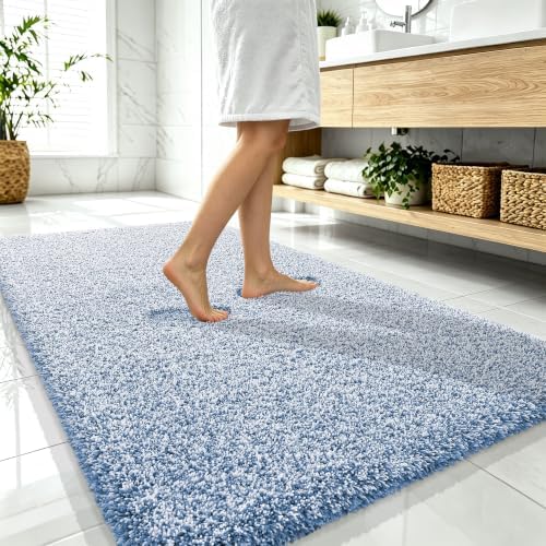 OLANLY Microfiber Soft Bathroom Rugs Mats 59x35, Cornflower Blue and White