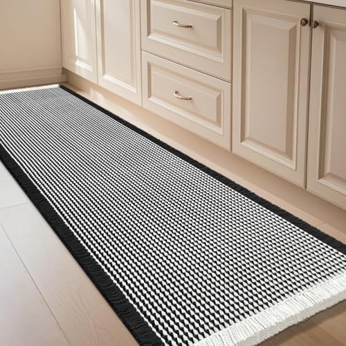 IM HOME Waffle Bath Mat Black & Cream 5'x2', Boho Woven Modern Bath Mat Rugs, Absorbent Non Slip Bathroom Rugs, Soft Washable Bath Rugs with Tassels for Bathroom, Bedroom, Kitchen, Shower, Tub