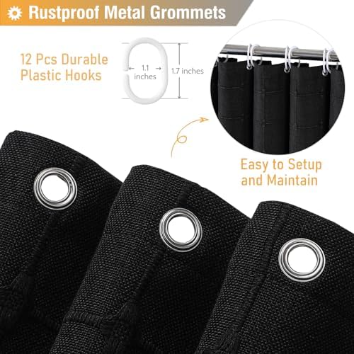 BTTN Black Boho Farmhouse Linen Heavy Duty Fabric Shower Curtain Set, 72x72