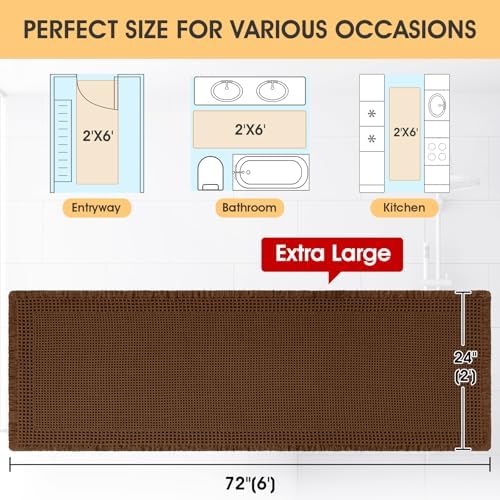 Extra Large Waffle Bath Mat, Boho Woven Modern Bath Rug Absorbent Non Slip, Ultra Soft Bathroom Mats, Machine Washable Knit Bath Rugs with Border for Bathroom, Bedroom, Kitchen, Shower, 6'x2', Brown