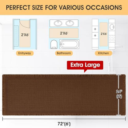 Extra Large Waffle Bath Mat, Boho Woven Modern Bath Rug Absorbent Non Slip, Ultra Soft Bathroom Mats, Machine Washable Knit Bath Rugs with Border for Bathroom, Bedroom, Kitchen, Shower, 6'x2', Brown