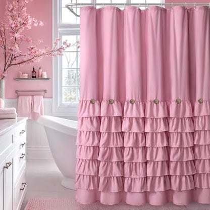 Ruffle Farmhouse Shower Curtain, Pink Vintage Shower Curtains for Bathroom Fabric Cute Rustic Cloth, 72" W X 78" L Inch