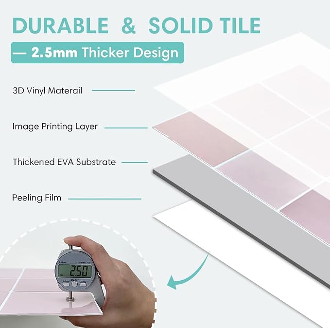 Commomy Thicker Pink Peel and Stick Tiles- 10 pcs of 12" x 12" - 3D Adhesive Square Peel and Stick Tiles Backsplash for Kitchen, Bathroom, Removable, Waterproof, Vinyl Wall Tile