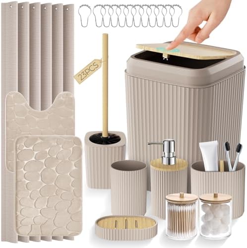 Bathroom Accessories Set - Beige Bathroom Set with Shower Curtain and Rugs, Trash Can, Toilet Brush with Holder, Soap Dispenser, Toothbrush and Toothpaste Holder, Cup, Soap Dish, Qtip Holders, Hooks