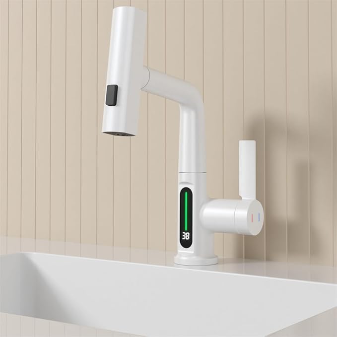 Bathroom Single Handle Basin Sink Pull Out Faucet with Rainfall Spray Head Temperature Digital Display Vanity Mixer Tap White