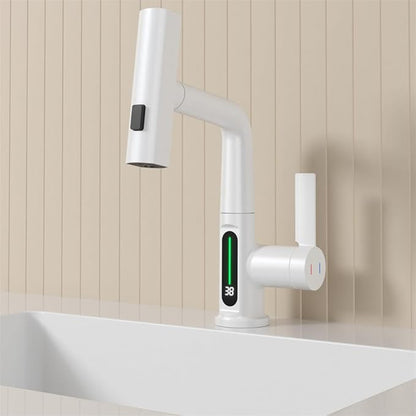 Bathroom Single Handle Basin Sink Pull Out Faucet with Rainfall Spray Head Temperature Digital Display Vanity Mixer Tap White