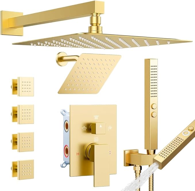 Shower System with 4 Body Spray Jets, STARBATH 4 Way 12 + 6"Rainfall Shower Head with Handheld Combo, Wall Mounted Shower Jets System in Wall Shower Faucet Set, Brushed Gold