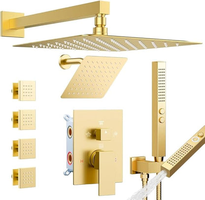 Shower System with 4 Body Spray Jets, STARBATH 4 Way 12 + 6"Rainfall Shower Head with Handheld Combo, Wall Mounted Shower Jets System in Wall Shower Faucet Set, Brushed Gold