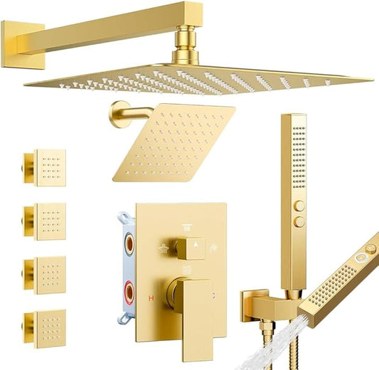 Shower System with 4 Body Spray Jets, STARBATH 4 Way 12 + 6"Rainfall Shower Head with Handheld Combo, Wall Mounted Shower Jets System in Wall Shower Faucet Set, Brushed Gold