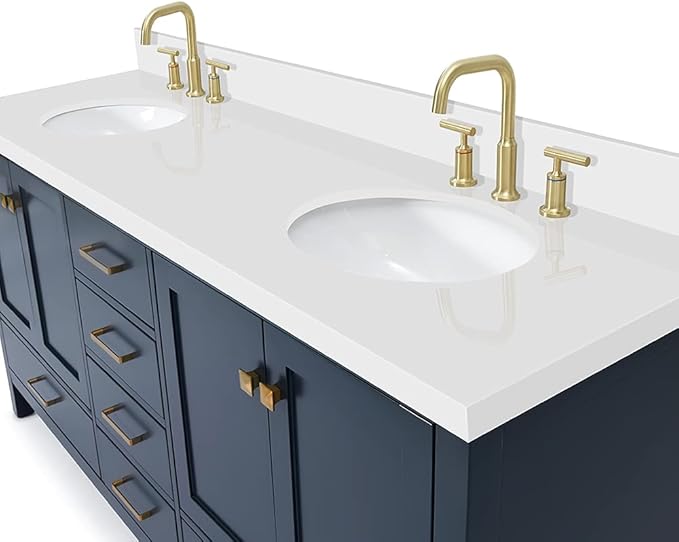 ARIEL Cambridge 72-inch Bathroom Vanity with Sink,Solid Wood, 1.5-inch Pure White Quartz Countertop & Backsplash, Double Oval Porcelain Sink, 4 Soft Closing Doors, 6 Dovetail Drawers, Midnight Blue
