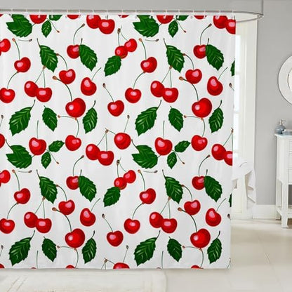 Feelyou Fruit Bathroom Waterproof Accessories with Hooks Cherry Pattern Design Fabric Shower Curtains for Kids Boys Girls Green Garden Shower Curtain Red White,72x84 Inches