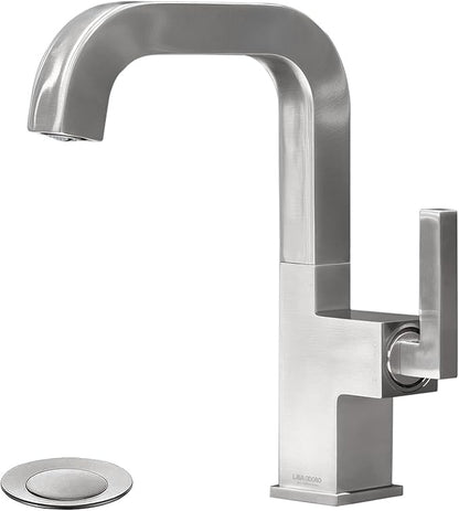 Brushed Nickel Bathroom Faucet, Lava Odoro One Hole Bathroom Sink Faucet Single Handle Swivel Vanity Faucet with Pop up Drain Assembly, Solid Brass Vessel Sink Faucet Deck Plate Included, BF204-BN