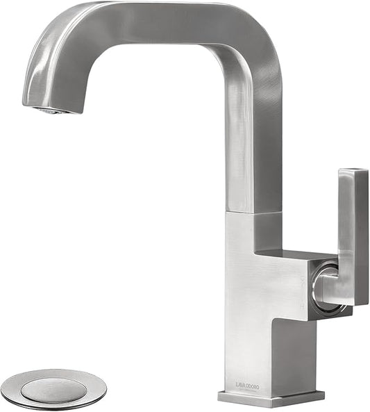 Brushed Nickel Bathroom Faucet, Lava Odoro One Hole Bathroom Sink Faucet Single Handle Swivel Vanity Faucet with Pop up Drain Assembly, Solid Brass Vessel Sink Faucet Deck Plate Included, BF204-BN