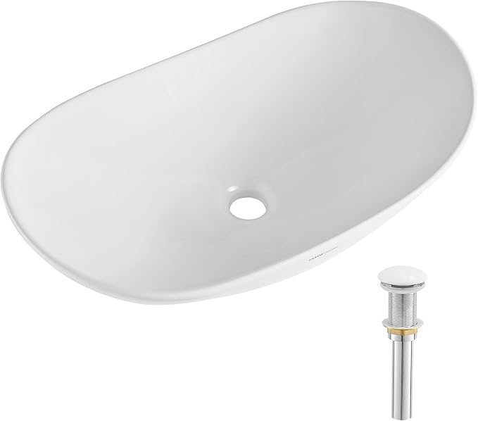 VEVOR Oval Vessel Sink with Bathroom Sink Drain, 23.3" x 14.2" Bathroom Vessel Sink Bowl Countertop, White Ceramic Bathroom Sinks Above Counter,Well-Packaged for Bathroom, Hotel, Toilet, RV