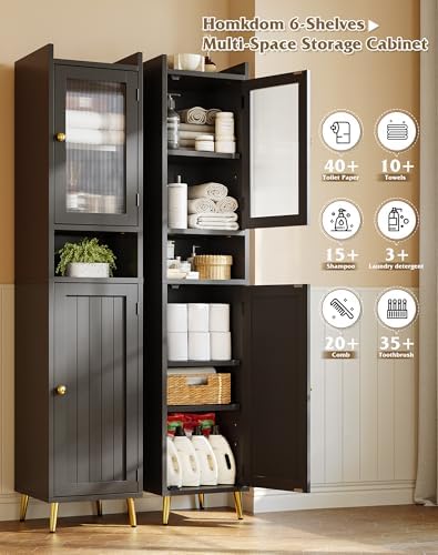 Homkdom 69.1" Bathroom Cabinet, Adjustable Shelf for Small Space, Black