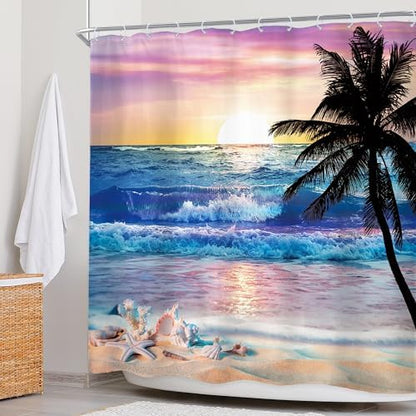 Ocean Coastal Sunrise Beach Tropical Palm Tree Bathroom Shower Curtain Set