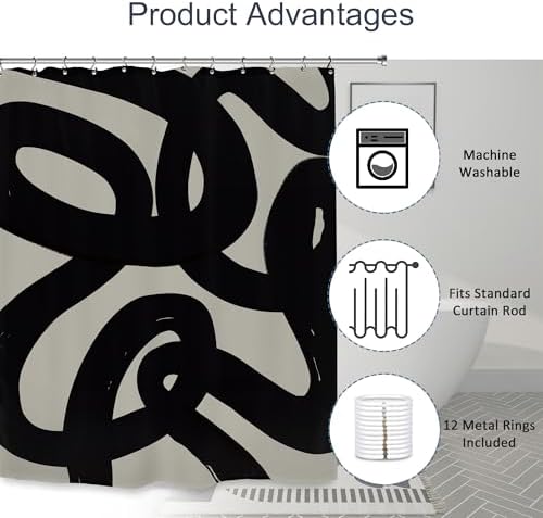 Abstract Black Line Shower Curtain 72Wx84L Inch Extra Long Modern Minimalist Contemporary Geometric Neutral Bathroom Set Accessories Decor with 12 Pack Hooks