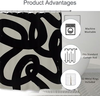Abstract Black Line Shower Curtain 72Wx84L Inch Extra Long Modern Minimalist Contemporary Geometric Neutral Bathroom Set Accessories Decor with 12 Pack Hooks