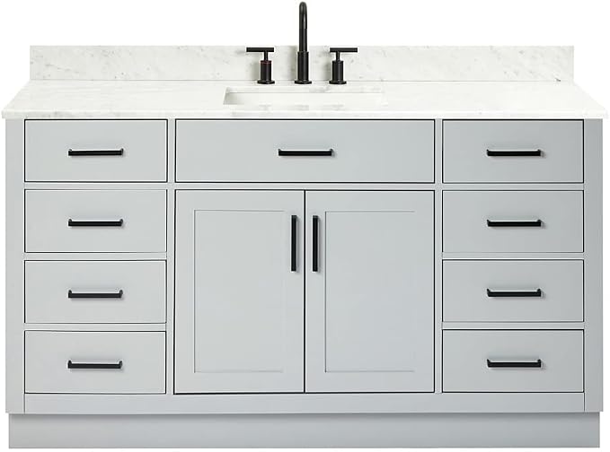 ARIEL Hepburn 60-inch Bathroom Vanity with Sink,Solid Wood, 0.75-inch Italian Carrara Marble Countertop, Single Rectangular Porcelain Sink, 2 Soft Closing Doors, 9 Dovetail Drawers, Grey