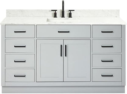 ARIEL Hepburn 60-inch Bathroom Vanity with Sink,Solid Wood, 0.75-inch Italian Carrara Marble Countertop, Single Rectangular Porcelain Sink, 2 Soft Closing Doors, 9 Dovetail Drawers, Grey