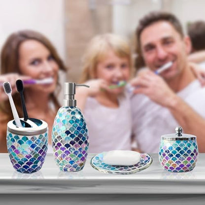 Escenzy Mermaid Bathroom Accessories Set 4 Pcs | Handcrafted Mosaic Glass Soap Dispenser, Toothbrush Holder, Cotton Jar, Soap Tray | Luxury Mermaid Bathroom Decor | Coastal Boho Gift