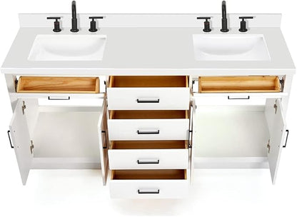 DKB Isabella 72 Inch Bathroom Vanity Double Sink — White Bathroom Vanity with Sink, 1.5" Edge Pure White Quartz Countertop, 4 Soft-Close Doors, 4 Dovetail Drawers, and 2 Tilt Drawers