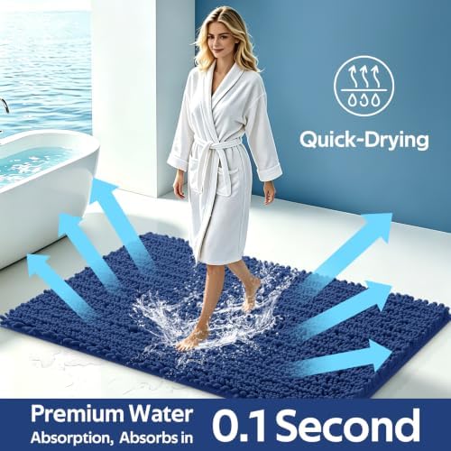 ACCUMTEK Upgrade Extra Large Blue Bathroom Rug Set 3 Pieces Ultra Soft, Thick Absorbent Bath Mats, Non Slip Chenille Toilet Mat for Bathroom, Bedroom, Kitchen