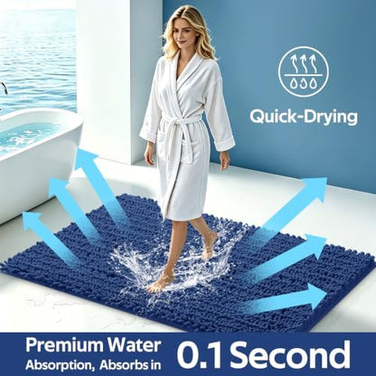 ACCUMTEK Upgrade Extra Large Blue Bathroom Rug Set 3 Pieces Ultra Soft, Thick Absorbent Bath Mats, Non Slip Chenille Toilet Mat for Bathroom, Bedroom, Kitchen