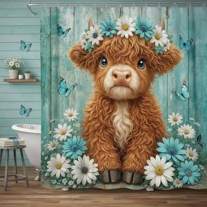 Cute Cow Shower Curtain, Farmhouse Rustic Teal Floral Daisy Highland Cow Shower Curtains for Bathroom, Calf Country Farm Animal Garden Plant Fabric Bathroom Decor with Hooks, 36x72 inch