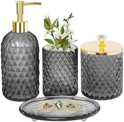 Haturi Glass Bathroom Accessories Set, Smoky Gray Bathroom Set, 4 Pcs