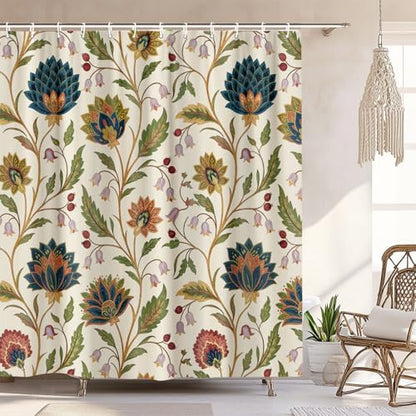 Vintage Floral Shower Curtain for Bathroom, Rustic Farmhouse Beige and Teal Sage Green Boho Botanical Shower Curtains, Retro Cottagecore Wildflower Aesthetic Bath Curtain Set with Hooks， 72 x 72 Inch