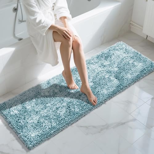 Yimobra Long Bathroom Rugs Runner 70x24 Inch, Extra Thick Soft Absorbent Chenille Bath Mat, Non Slip Machine Washable, Quick Dry Bath Rugs for Bathroom Floor, Tub and Shower, Greyish Blue