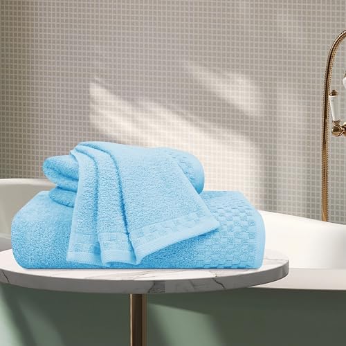 MyOwn Ultra Soft 3 Pack Cotton Towel Set, Contains a Bath Towels 28x55 inch, a Hand Towels 16x24 inch & a Wash Coths 12x12 inch, Ideal Everyday use, Compact & Lightweight - Sky Blue