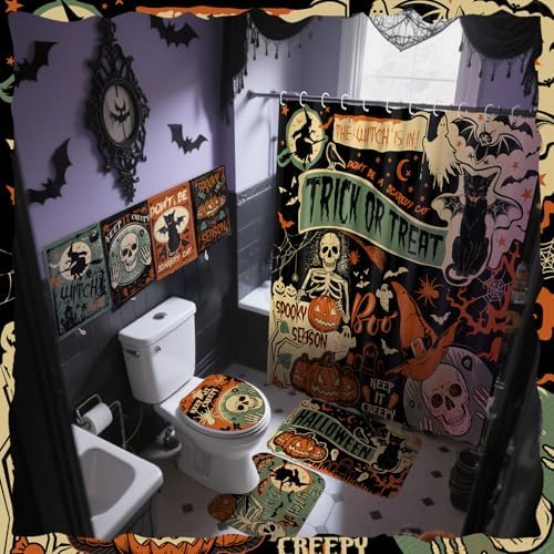FuWeave 8 Pcs Halloween Shower Curtain Set for Bathroom Include Vintage Ghost Pumpkin Bat Cat Towels Non Slip Skull Rugs Toilet Lid Cover Spider Web Bath Mat and 12 Hooks for Halloween Bathroom Decor