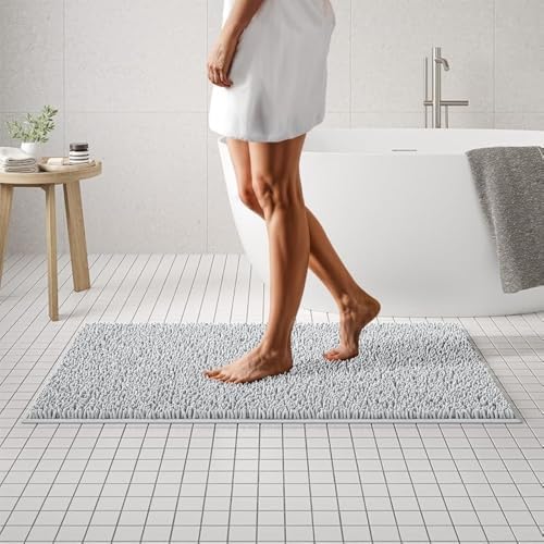 MAYSHINE Plush Shaggy Chenille Bath Mat | Extra Soft, Super Absorbent, Non-Slip Bathroom Rug | Fluffy Microfiber, Area Rug Sets for Bathroom Floor, Kitchen, Living Room | 47"x27" | White