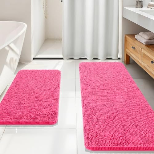 OLANLY Chenille Bathroom Rugs Mats Sets 2 Piece, 59"x20"+30"x20", Hot Pink