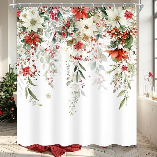 Christmas Red Floral White Xmars Poinsettias Bathroom Shower Curtain Set