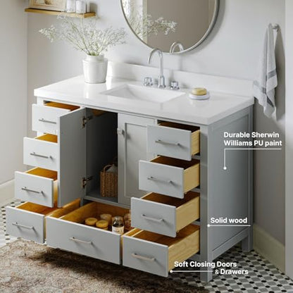 ARIEL Cambridge 48-inch Bathroom Vanity with Sink,Solid Wood, 1.5-inch Pure White Quartz Countertop & Backsplash, Single Rectangular Porcelain Sink, 2 Soft Closing Doors, 9 Dovetail Drawers, Grey