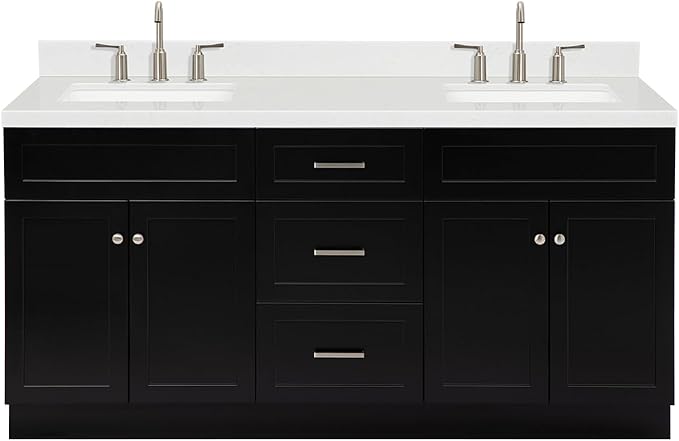 ARIEL Hamlet 72-inch Bathroom Vanity with Sink,Solid Wood, 1.5-inch Carrara White Quartz Countertop & Backsplash, Double Rectangular Porcelain Sink, 4 Soft Closing Doors, 3 Dovetail Drawers, Black