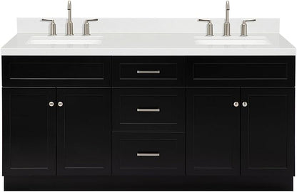 ARIEL Hamlet 72-inch Bathroom Vanity with Sink,Solid Wood, 1.5-inch Carrara White Quartz Countertop & Backsplash, Double Rectangular Porcelain Sink, 4 Soft Closing Doors, 3 Dovetail Drawers, Black