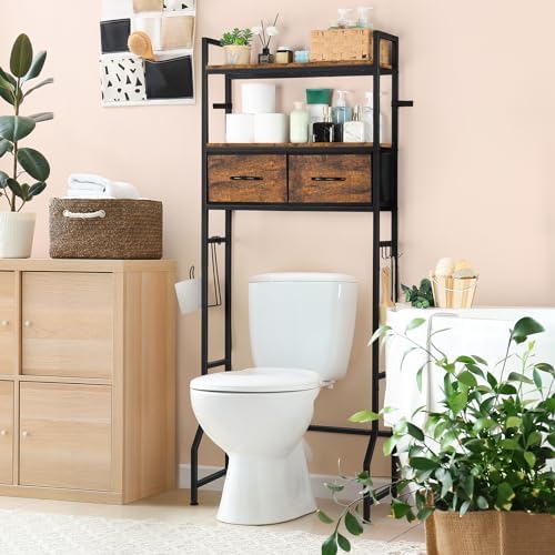 YBING Over The Toilet Bathroom Storage Cabinet for Freestanding, Above Toilet Shelf with Fabric Drawer, Tall Bathroom Shelf Organizer with Toilet Paper Holder, Brown