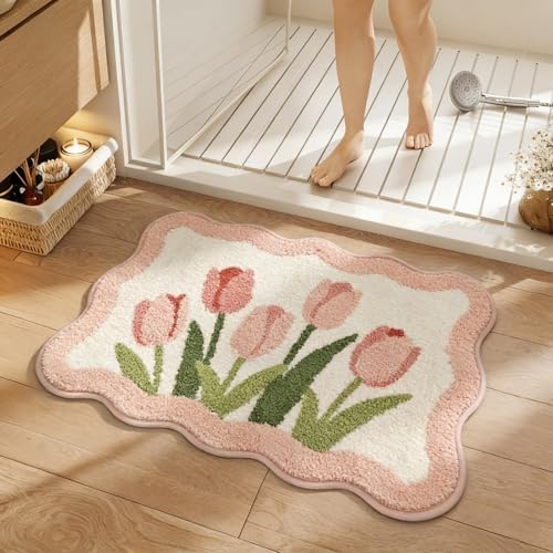 Pink Tulip Bath Mat 32x20, Soft Fluffy Fresh Flowers Bathroom Rug