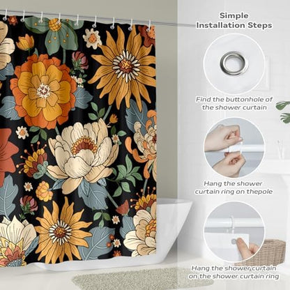 Black Boho Floral Shower Curtain for Bathroom 72 x 72 inch