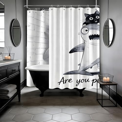 Extra Long Shower Curtain XL Black Cat Riding Shark, 108 x 72 in