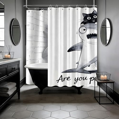 Extra Long Shower Curtain XL Black Cat Riding Shark, 108 x 72 in