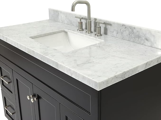 Bradford 48-Inch Bathroom Vanity with Sink — Black Single Sink Bathroom Vanity, 1.5" Edge Italian Carrara Marble Top, Solid Wood, 2 Soft-Close Doors, 4 Full Extension Dovetail Drawers