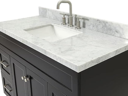Bradford 48-Inch Bathroom Vanity with Sink — Black Single Sink Bathroom Vanity, 1.5" Edge Italian Carrara Marble Top, Solid Wood, 2 Soft-Close Doors, 4 Full Extension Dovetail Drawers